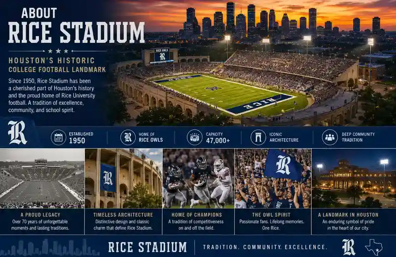Rice Stadium in Houston during a college football game with historic stadium architecture, Rice Owls fans, illuminated field lights, downtown Houston skyline views, and scenes highlighting the stadium’s football tradition, school spirit, and community legacy.